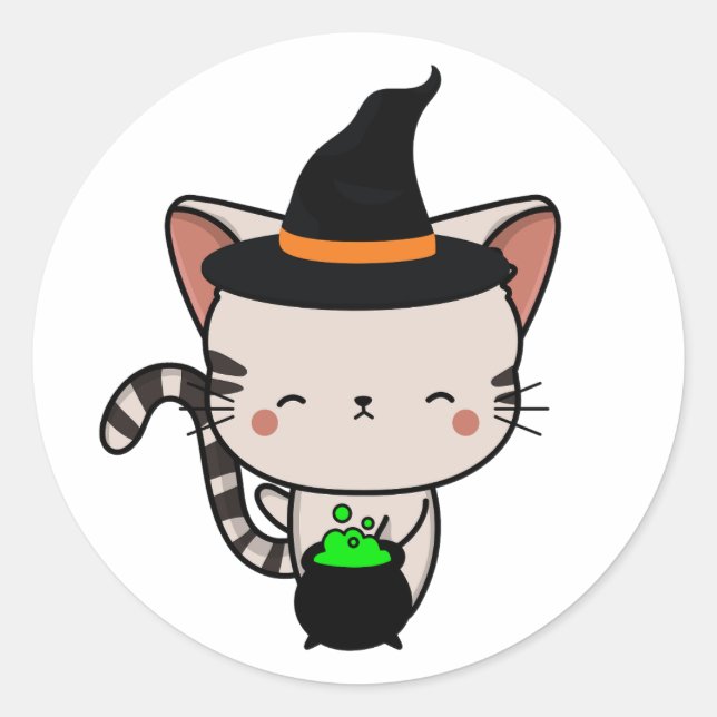 Sticker Rond Funny Tabby cat est une sorcière (Devant)