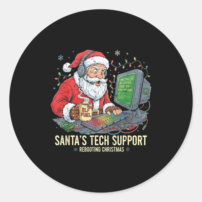 Sticker Rond Funny Tech Support Rebooting s Computer Santa Sant (Devant)