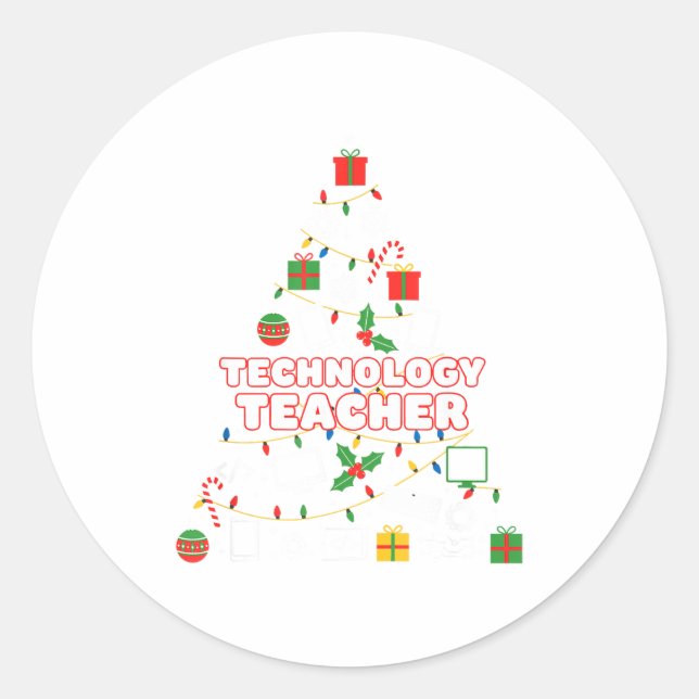 Sticker Rond Funny Technology Teacher Christmas Tree Lights Wom (Devant)