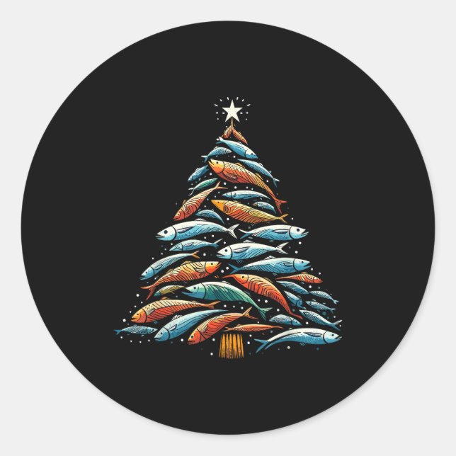 Sticker Rond Funny Tuna Fish Christmas Tree Santa Claus Xmas Fi (Devant)