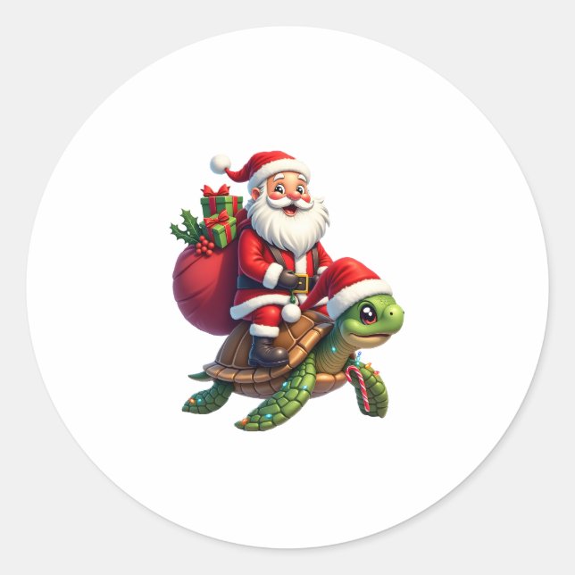 Sticker Rond Funny Turtle Christmas Santa Riding Sea Turtle Xma (Devant)