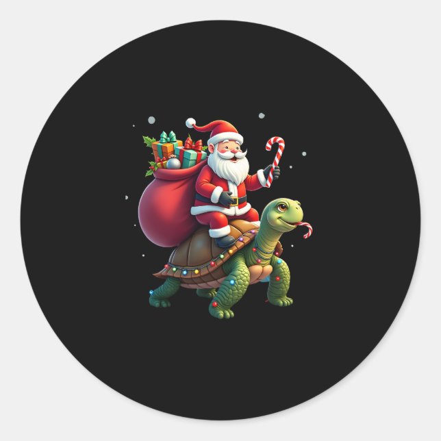 Sticker Rond Funny Turtle Christmas Santa Riding Sea Turtle Xma (Devant)