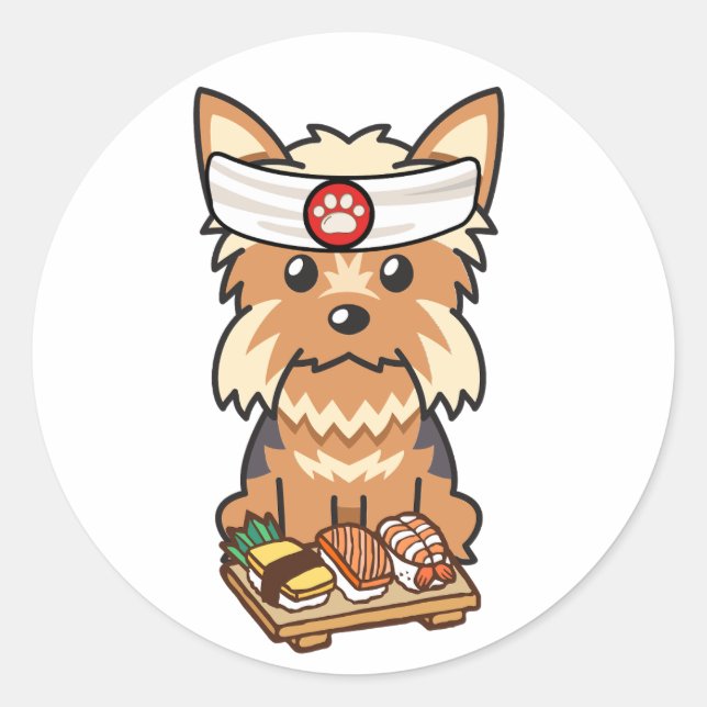 Sticker Rond Funny yorkshire terrier chien est un chef sushi (Devant)