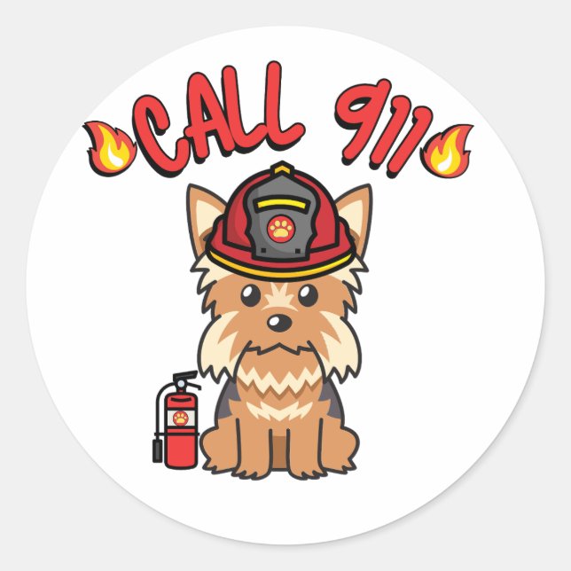 Sticker Rond Funny Yorkshire terrier chien est un pompier (Devant)