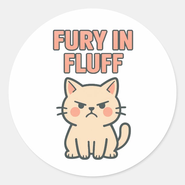 Sticker Rond Fury in Fluff Cute Angry Grumpy Cat Cartoon (Devant)