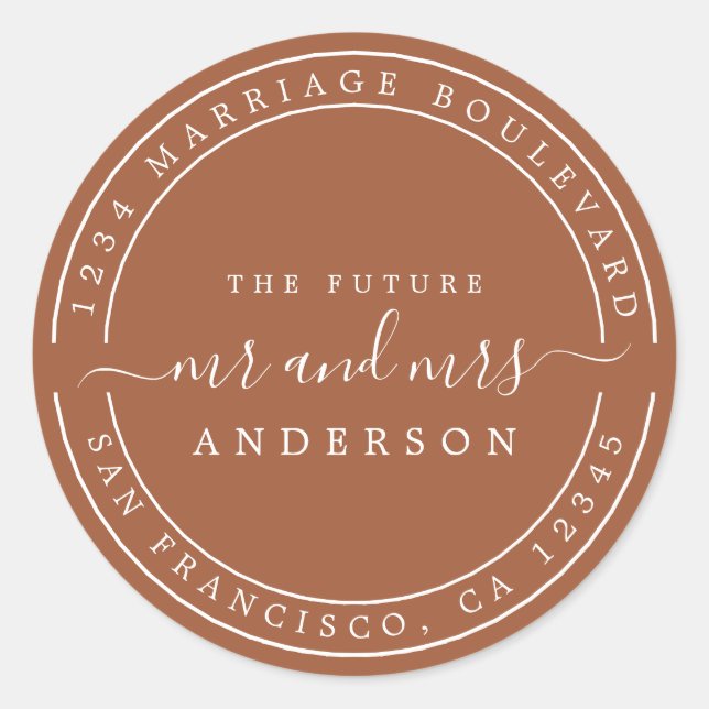Sticker Rond Futur M. Mme Adresse de Retour TerraCotta Chic (Devant)