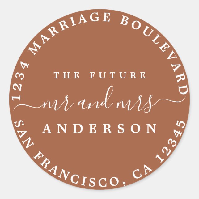 Sticker Rond Futur M. Mme Script Adresse de retour TerraCotta (Devant)