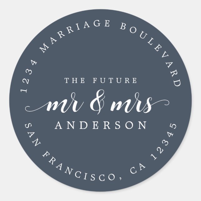 Sticker Rond Futur M. Mme Script Dark Blue Adresse de retour (Devant)