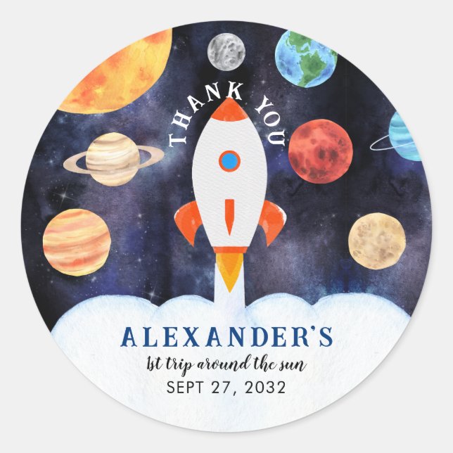 Sticker Rond Galaxie moderne Planètes Espace Rocket Merci (Devant)