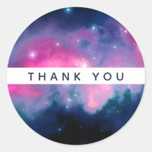 Sticker Rond Galaxie rose et bleu & étoiles Merci Abstrait