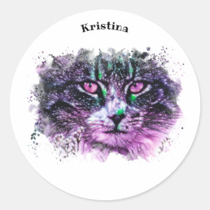 Sticker Rond Galaxy Chat noir violet vert Aquarelle numérique