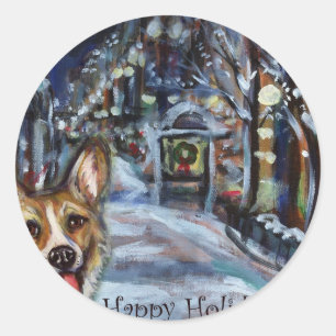 Sticker Rond Gallois Corgi Xmas