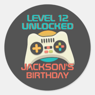 Sticker Rond Gamer Garçon Niveau Déverrouillé Jeux Vidéo Annive