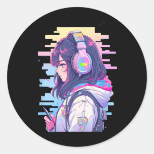 Sticker Rond Gamer Girl Funny Pastel Japon Anime Streamer Japon