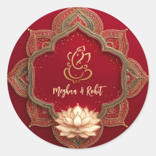Sticker Rond Ganesh Dieu hindou   Mariage indien or rouge