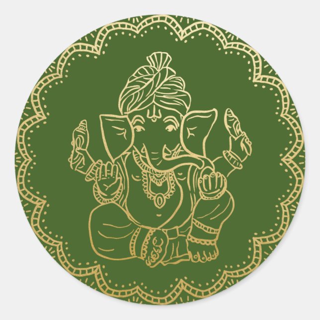 Sticker Rond Ganesh en or | Dieu indien Mariage vert (Devant)