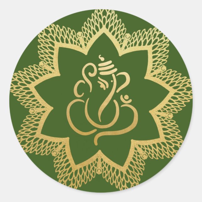 Sticker Rond Ganesh festif doré | Dieu indien vert (Devant)