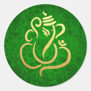 Sticker Rond Ganesh festif or   Dieu indien damassé vert
