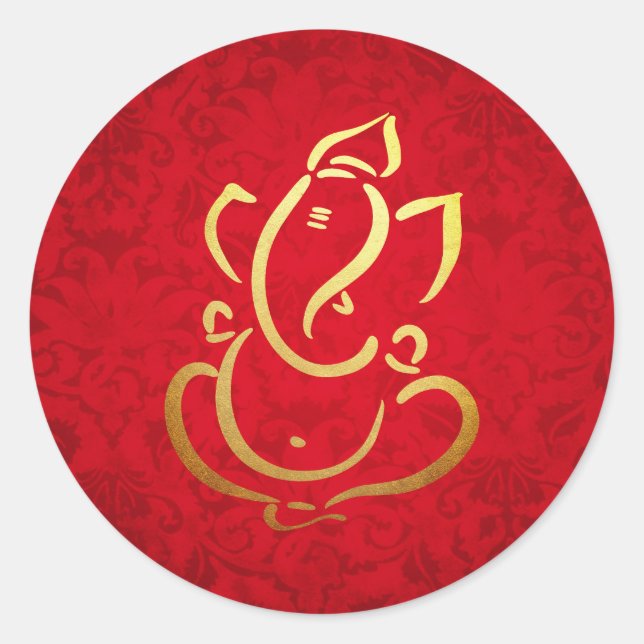 Sticker Rond Ganesh | Ganpati | Dieu indien damassé rouge (Devant)