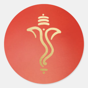 Sticker Rond Ganesha doré élégant/ Dieu indien rouge