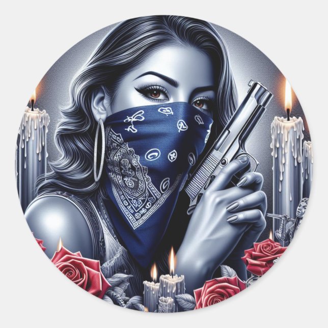 Sticker Rond Gangster Girl Hip hop chicano art Design (Devant)