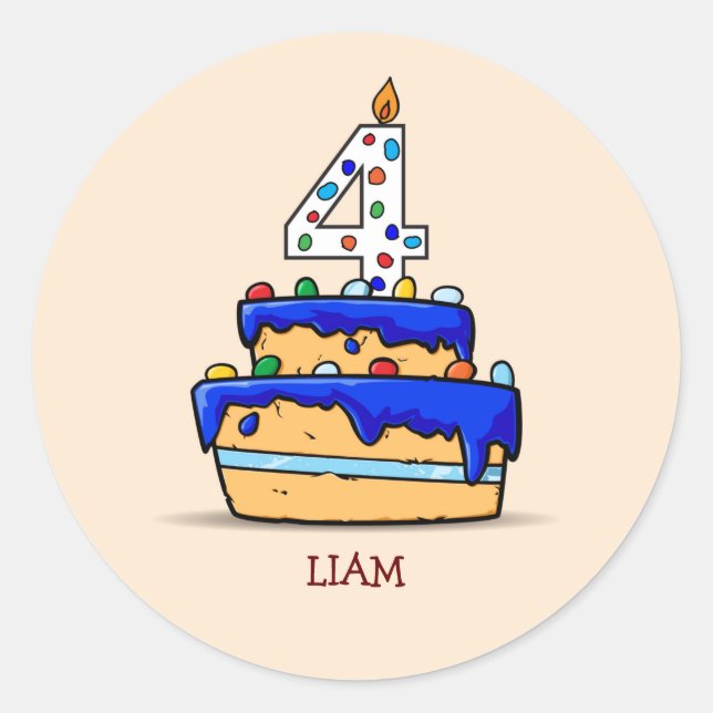 Sticker Rond Garçon 4e anniversaire, 4 sur Gâteau bleu doux (Devant)