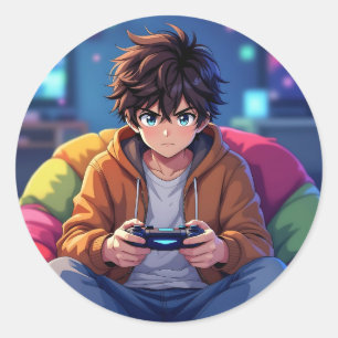 Sticker Rond Garçon Anime jouant à un jeu vidéo