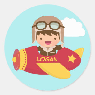 Sticker Rond Garçon Aviateur Mignon Aventure en Avion Pour Enfa
