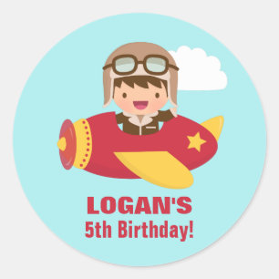 Sticker Rond Garçon Aviateur Mignon Fête d'Anniversaire d'Avion