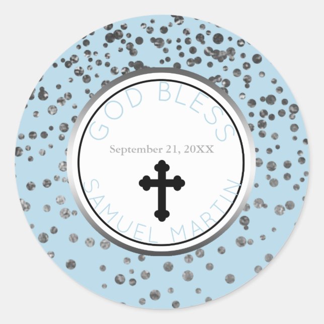 Sticker Rond Garçon Bleu Argent Personnalisé Faveur Religieuse (Devant)