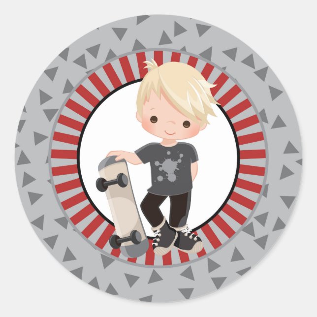 Sticker Rond Garçon blond de planche à roulettes - rouge gris (Devant)
