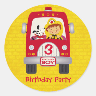 Sticker Rond Garçon d'anniversaire de camion de pompiers