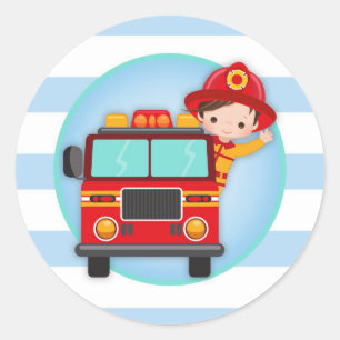 Sticker Rond Garçon de cheveux de brun de camion de pompiers d