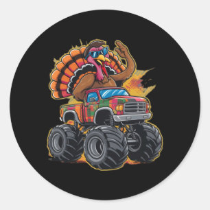 Sticker Rond Garçon de dinde de Thanksgiving conduisant un cami