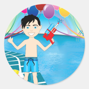 Sticker Rond Garçon de piscine au pistolet à eau