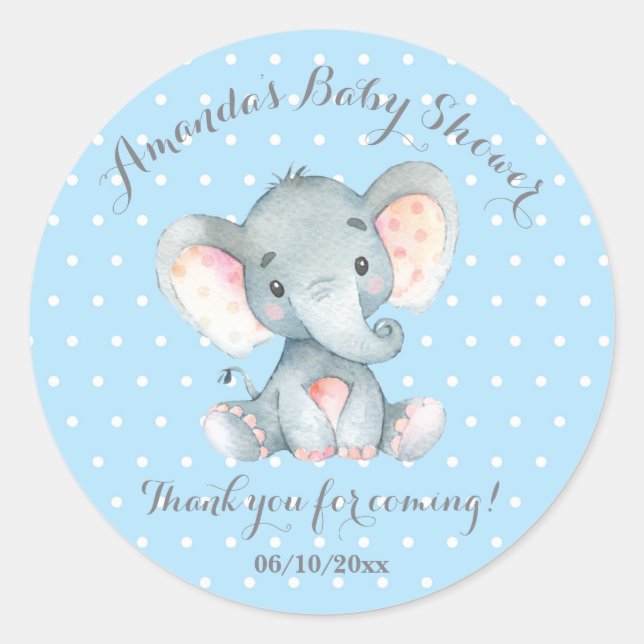 Sticker Rond Garçon Eléphant Bébé Douche Bleu Merci Favoriser (Devant)