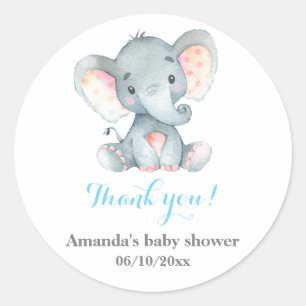 Sticker Rond Garçon Eléphant Bébé Douche Bleu Merci Favoriser