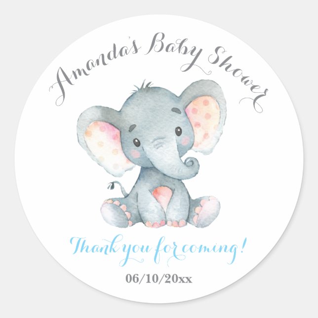 Sticker Rond Garçon Eléphant Bébé Douche Bleu Merci Favoriser (Devant)