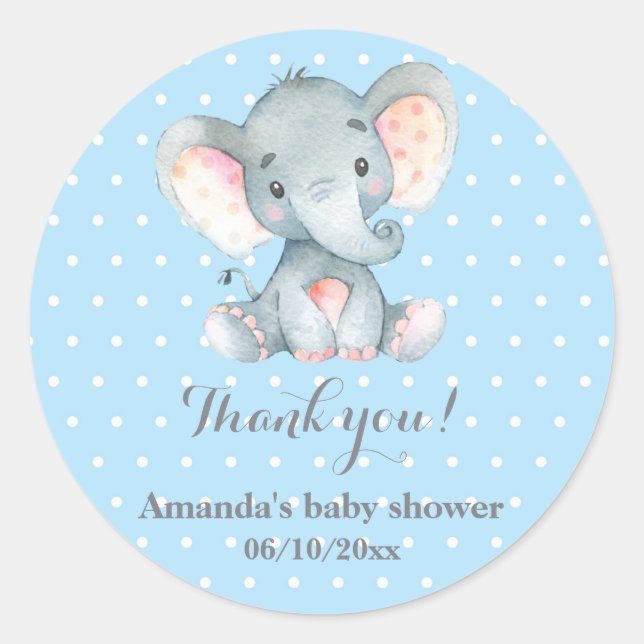 Sticker Rond Garçon Eléphant Bébé Douche Bleu Merci Favoriser (Devant)