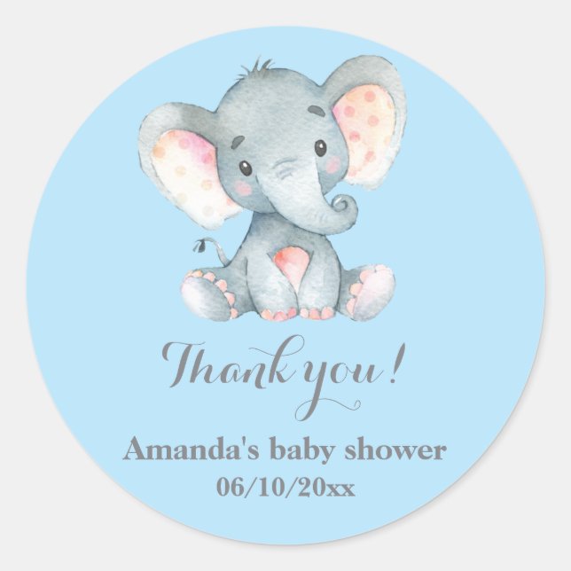 Sticker Rond Garçon Eléphant Bébé Douche Bleu Merci Favoriser (Devant)