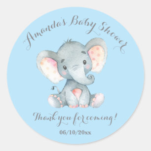 Sticker Rond Garçon Eléphant Bébé Douche Bleu Merci Favoriser