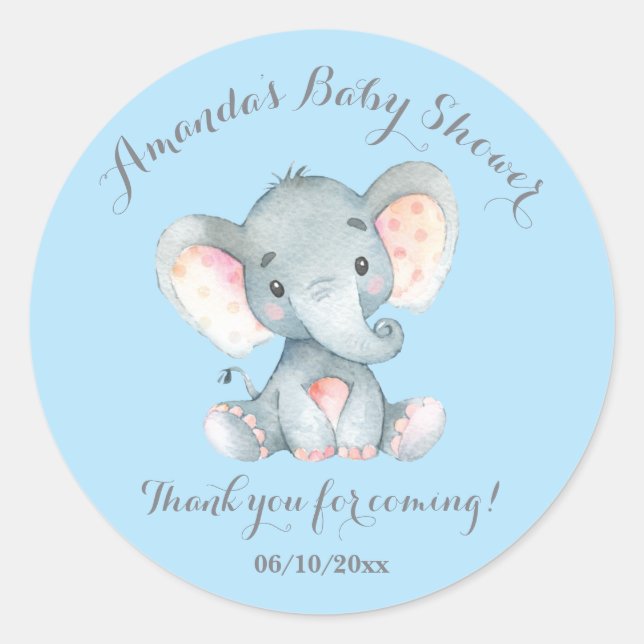 Sticker Rond Garçon Eléphant Bébé Douche Bleu Merci Favoriser (Devant)