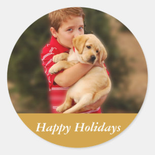 Sticker Rond Garçon et nouveau chiot pour Noël