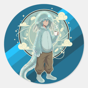 Sticker Rond Garçon Méduse Anime Café Art