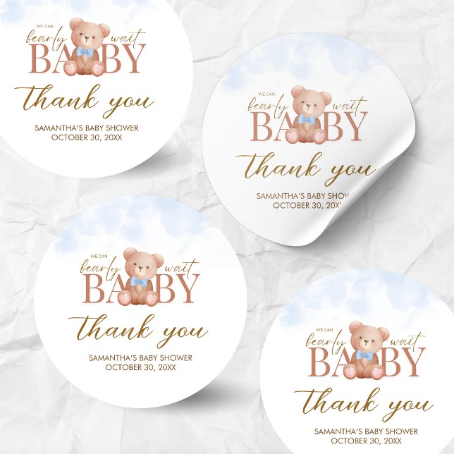 Sticker Rond Garçon on peut attendre Baby shower (Blue We Can Bearly Wait Bear Baby Shower Sticker)