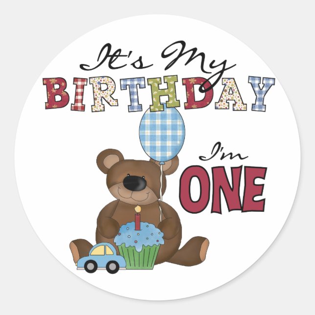 Sticker Rond Garçon ours 1er Anniversaire Tshirts et cadeaux (Devant)