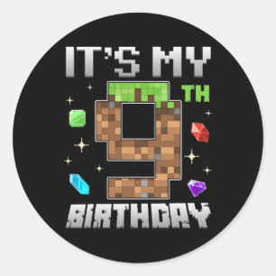 Sticker Rond Garçon rétro 9e anniversaire Niveau 9 Pixel Joueur