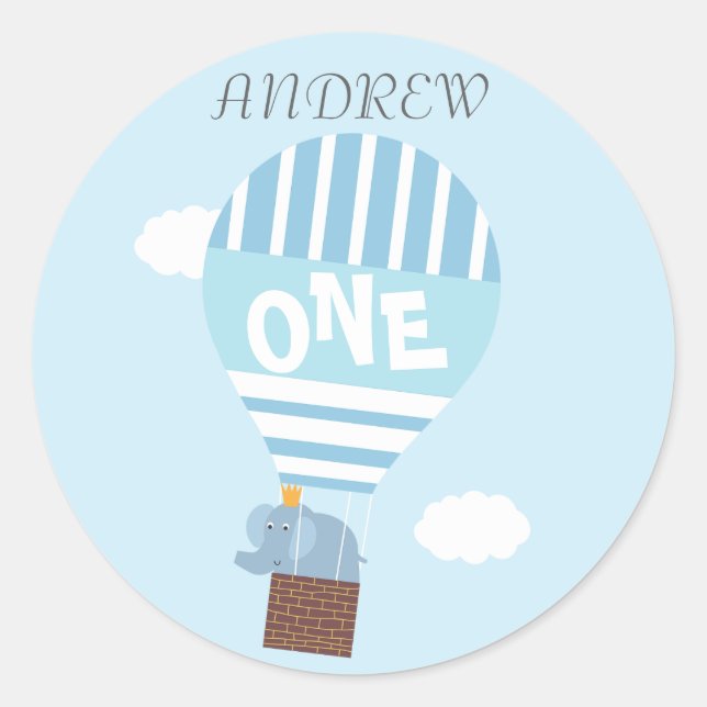 Sticker Rond Garçons 1er Anniversaire Chaud Air Balloon Elephan (Devant)