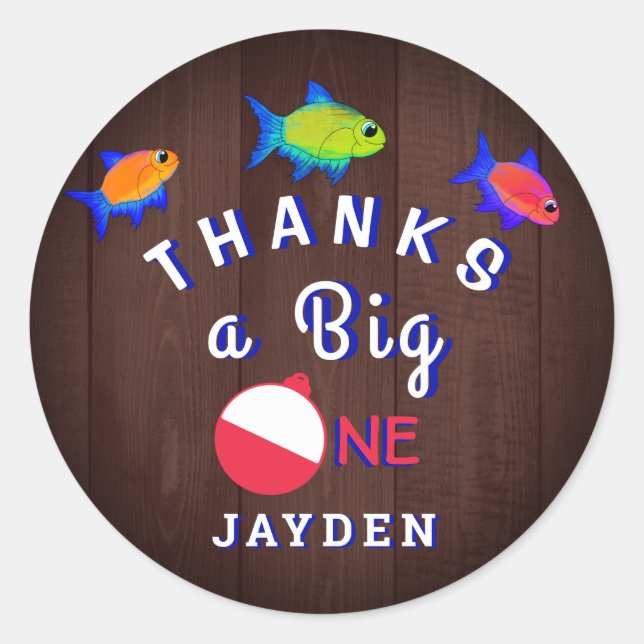 Sticker Rond Garçons 1er anniversaire Merci O Fishally One (Devant)