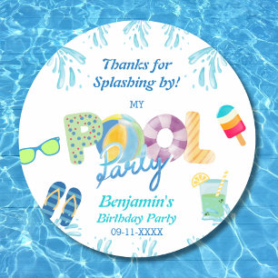 Sticker Rond Garçons Anniversaire Pool Party Favoriser Merci